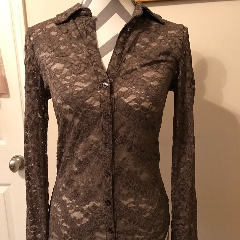 Lace, see through charcoal blouse